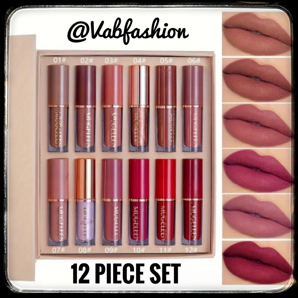 12-Piece Long Lasting, No Fading, Velvet Matte Lip Gloss Set With Box.